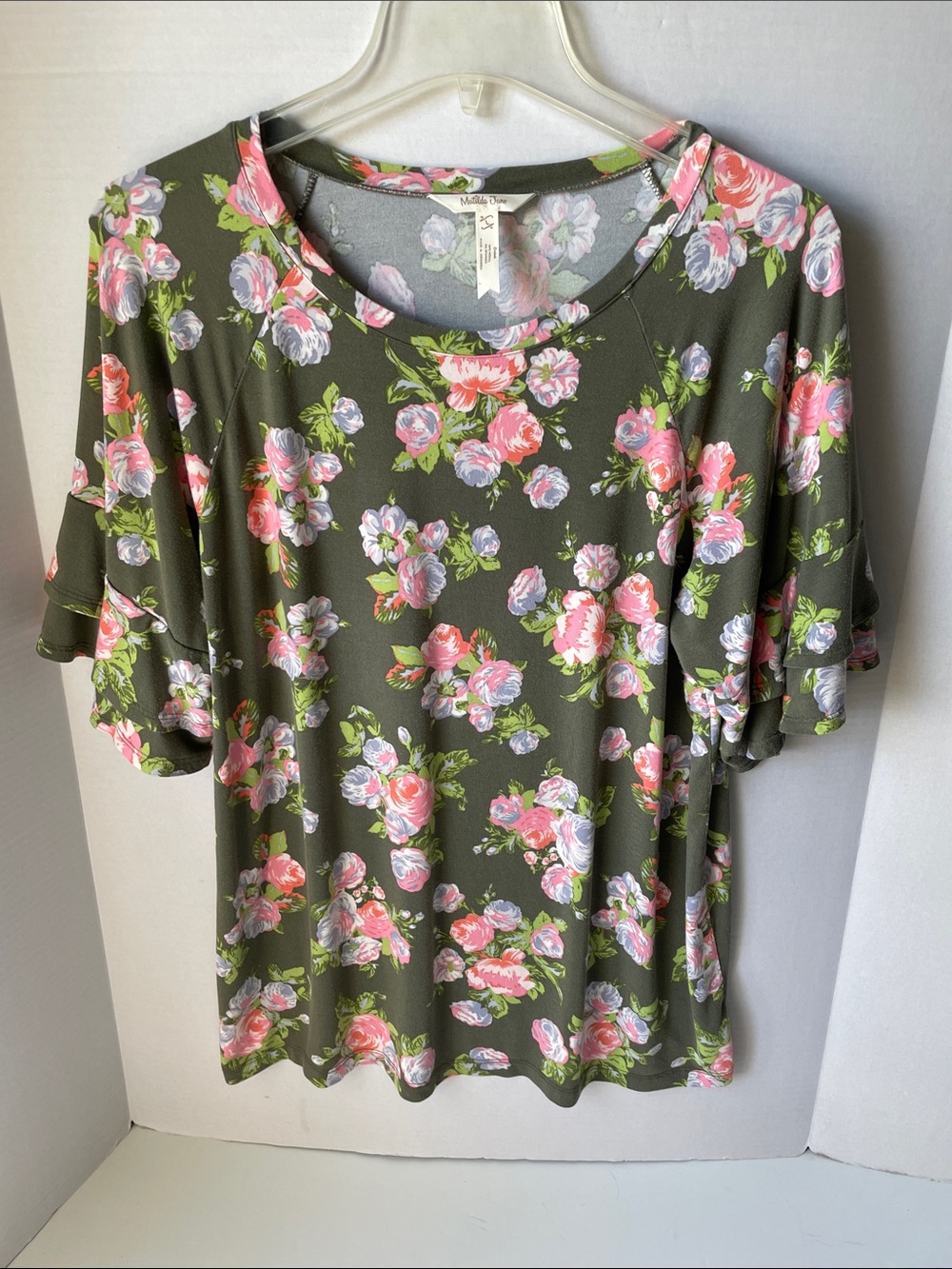 Matilda Jane Womens  Large  Olive Floral Ruffle Sleeve Tee Top